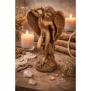 Rare 1996 Bronze Finish Winged Male Angel Statue Gothic Mythological Sculpture